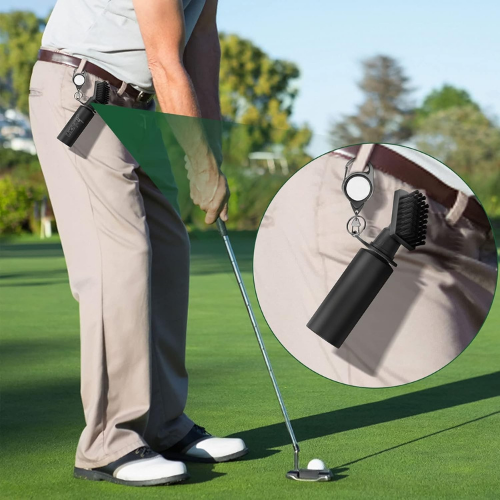 Person on a golf course with a close-up of a golf club head cover and brush attachment.