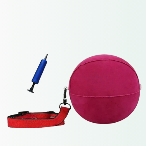 Pink exercise ball, red strap, and blue pump on a white background
