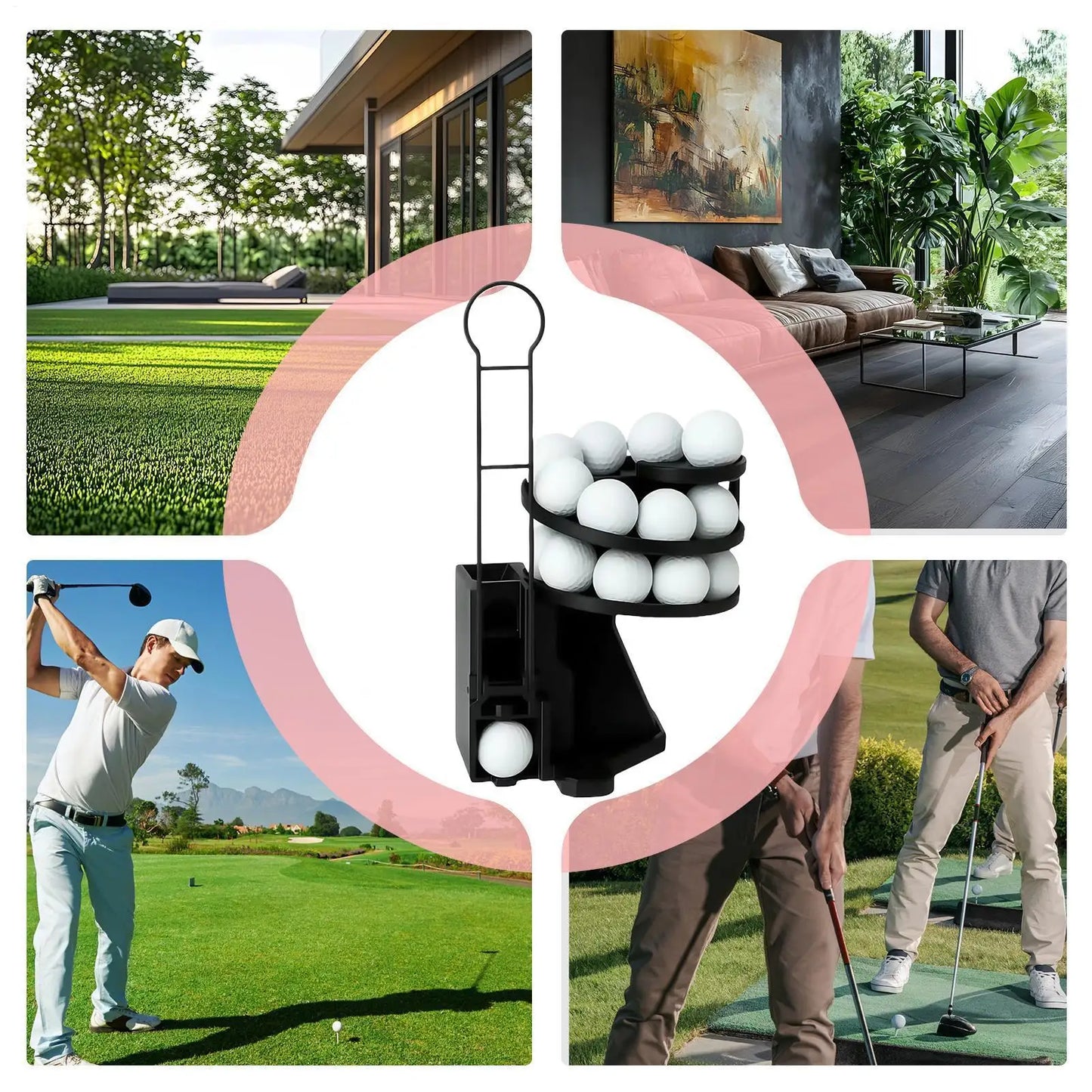 Golf ball holder with golf balls surrounded by images of a golf course and indoor setting.