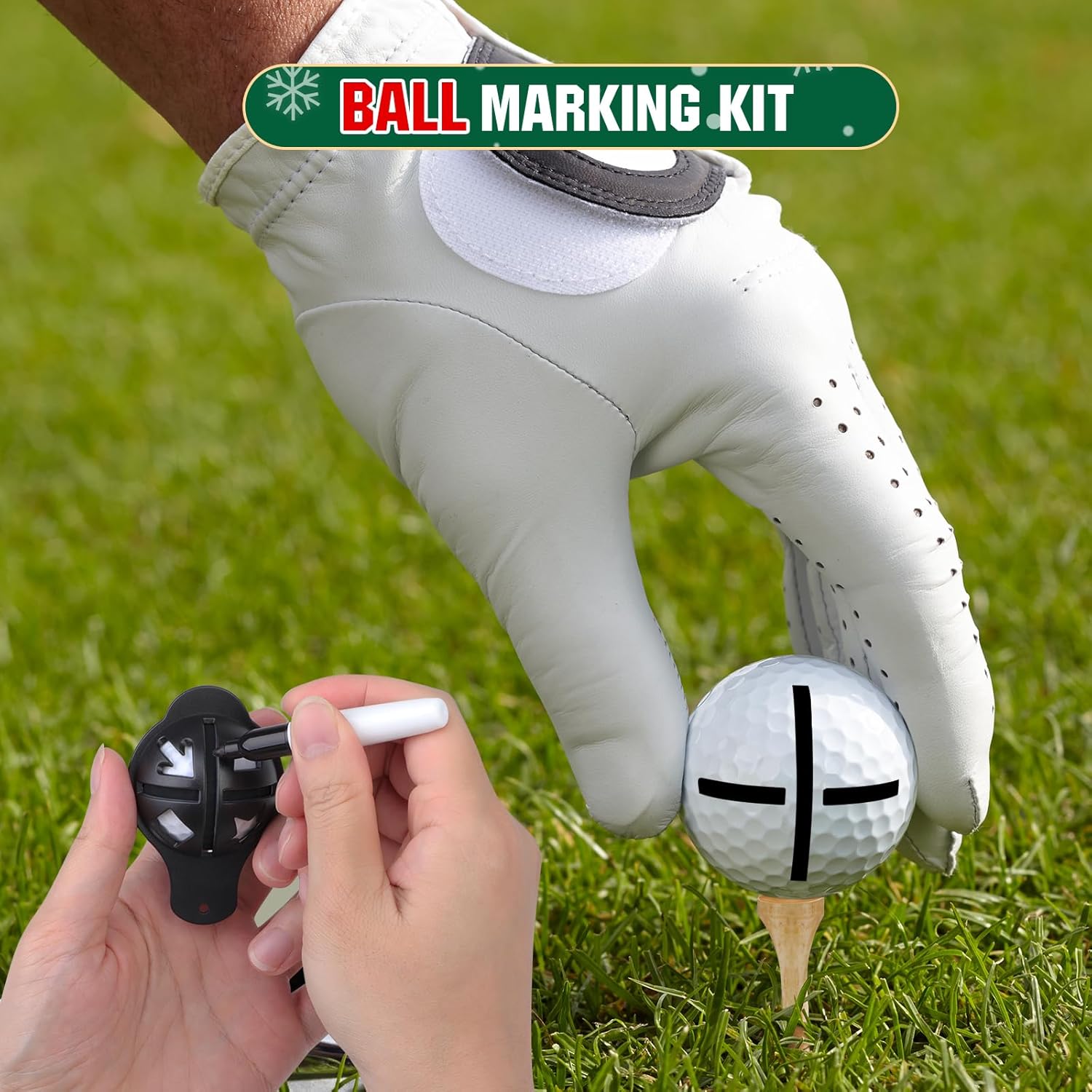 Golf ball marking kit with gloved hand and golf ball on grass