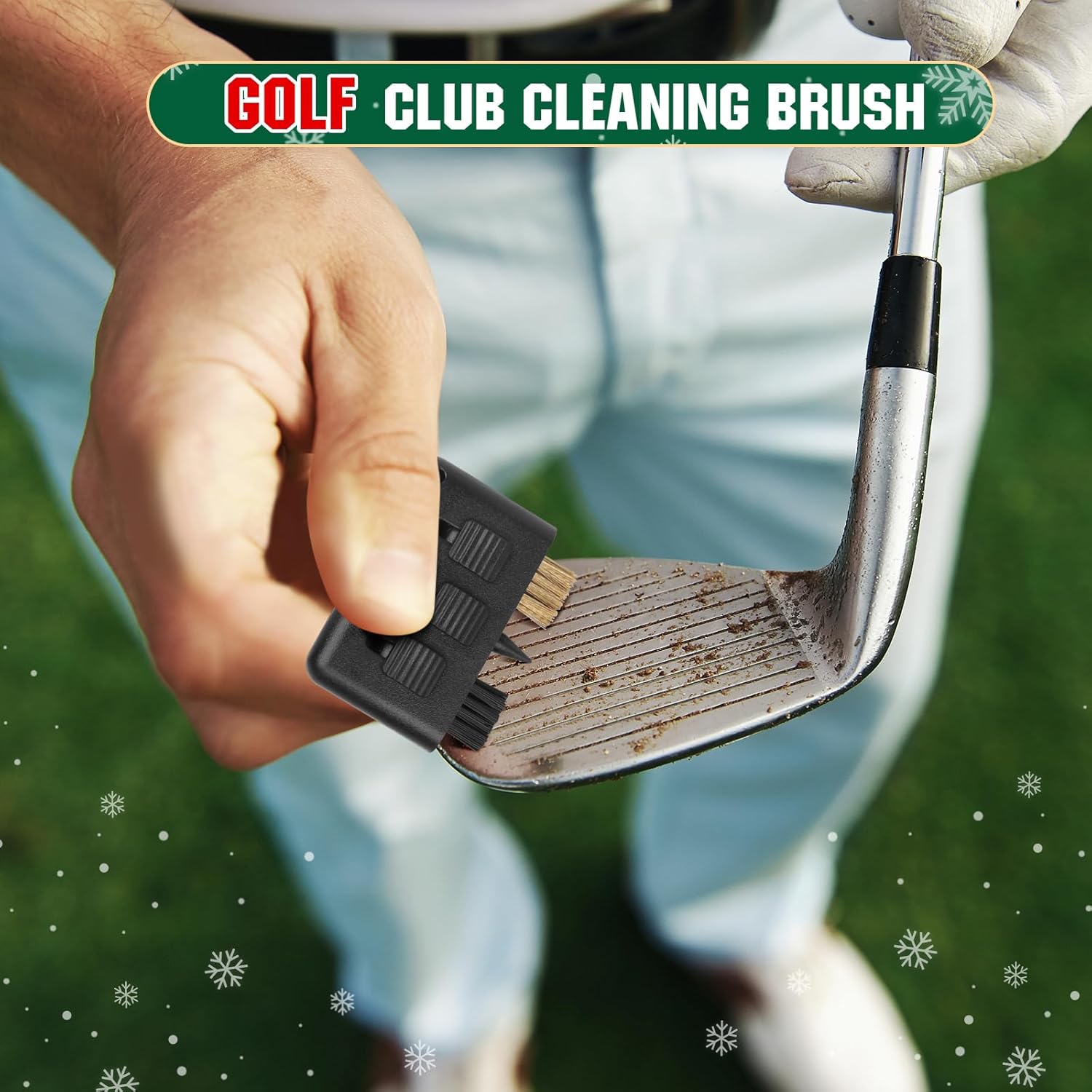 Golf club cleaning brush being used on a golf club with a green background