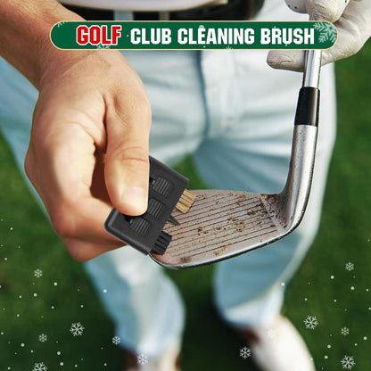 Golf club cleaning brush being used on a golf club with a green background