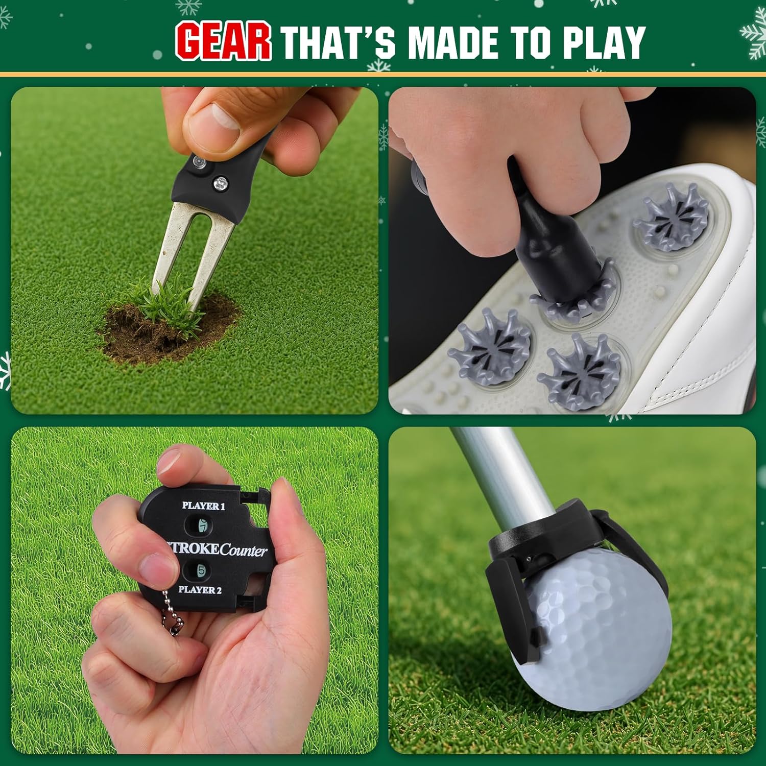 Golf accessories including a divot tool, golf shoe with spikes, stroke counter, and golf ball marker on a green background.