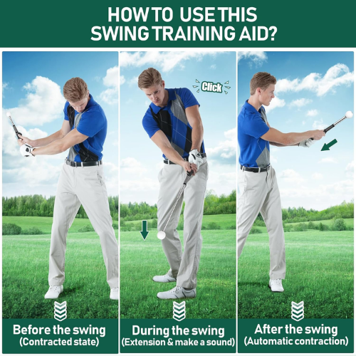 Step-by-step guide on how to use Nextra® swing trainer: 1. Before swing (contracted), 2. During swing (extension & click sound), 3. After swing (automatic contraction).
