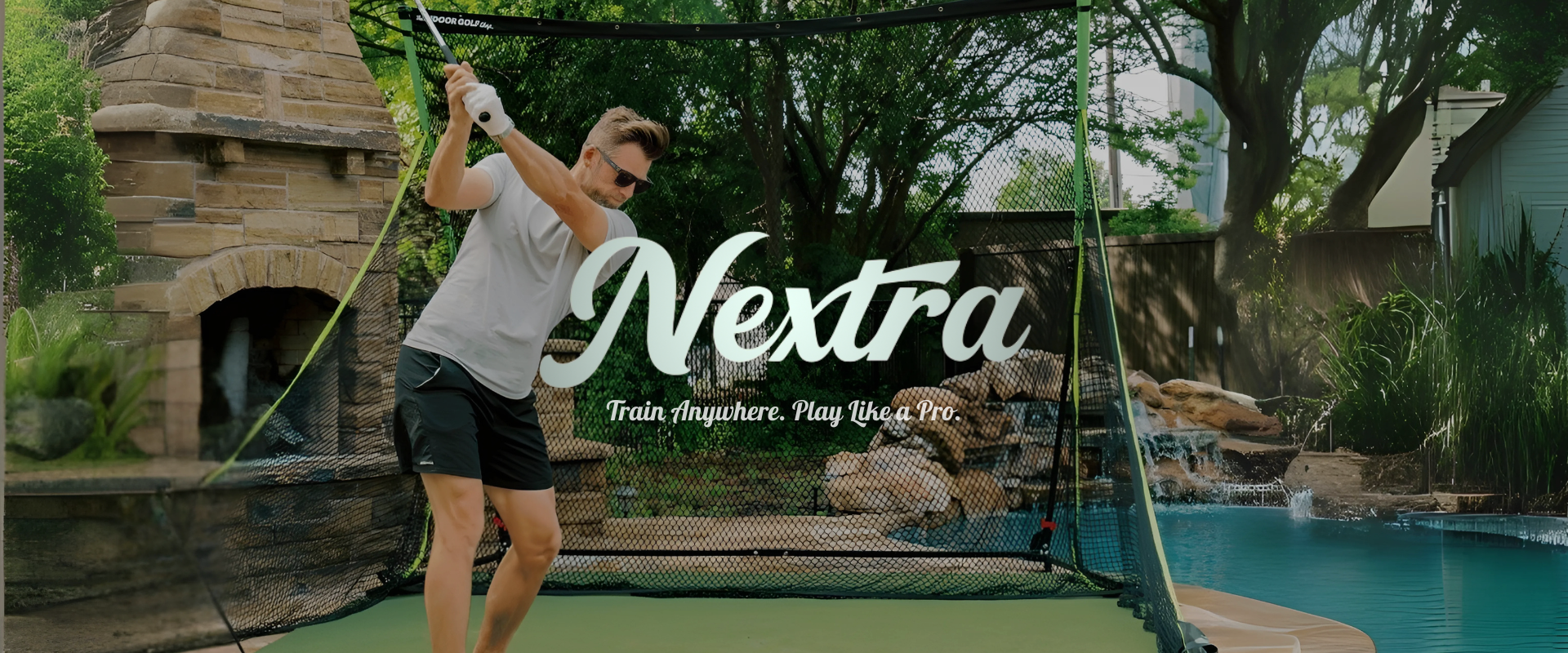 Man practicing golf swings on a green mat with 'Nextra' branding in the foreground.