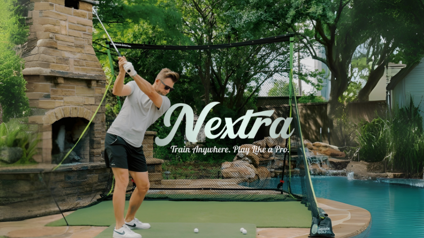 Person using a golf simulator with 'Nextra' branding in a backyard setting.