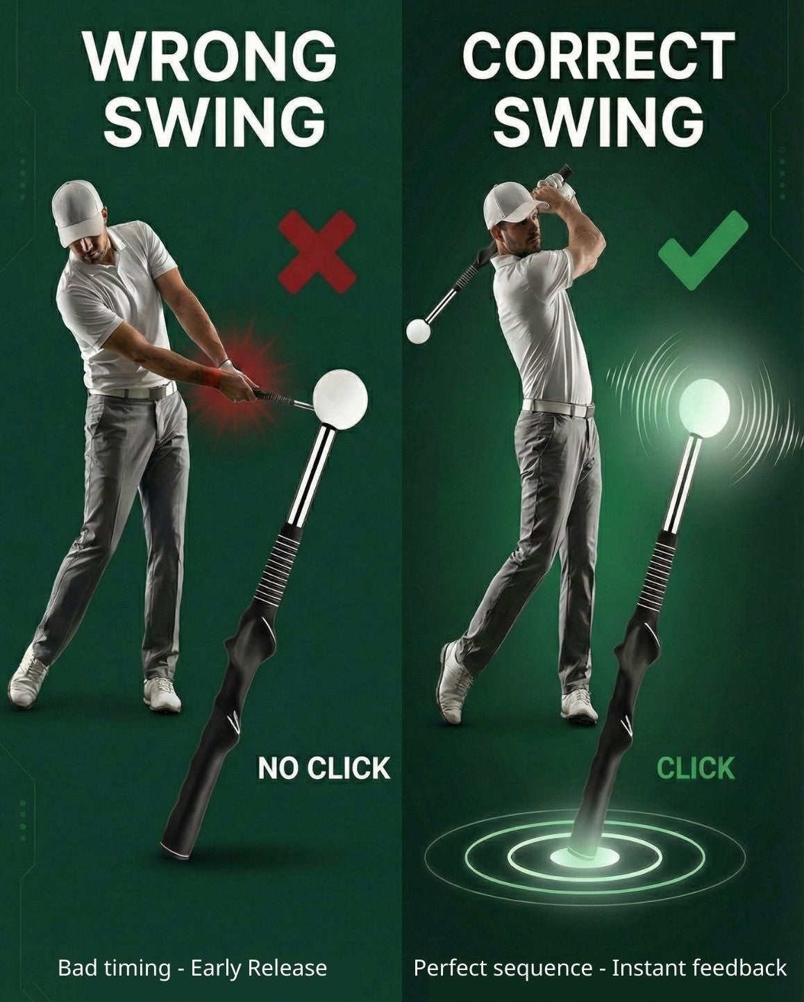Golf swing comparison with correct and wrong techniques on a green background