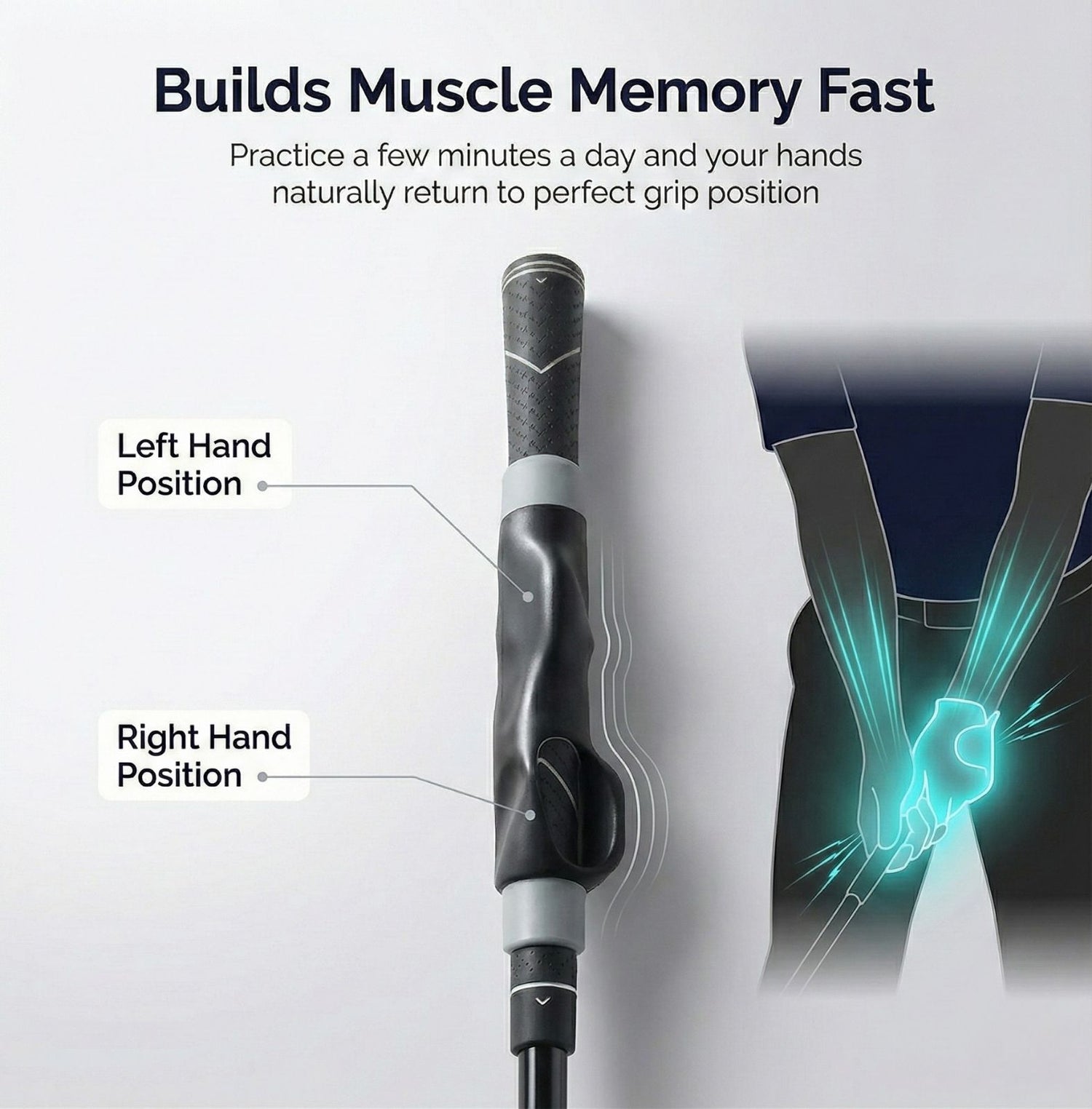 Grip trainer with labeled hand positions and text about muscle memory building.