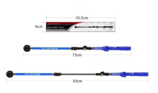 Adjustable golf club extension with measurements on a white background