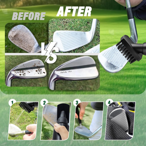 Golf club cleaning tool before and after use on a green background
