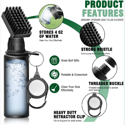 Golf club cleaner with features highlighted on a white background