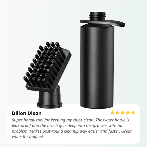Black cleaning brush and water bottle with customer review on a light gray background