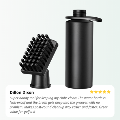 Black cleaning brush and water bottle with customer review on a light gray background