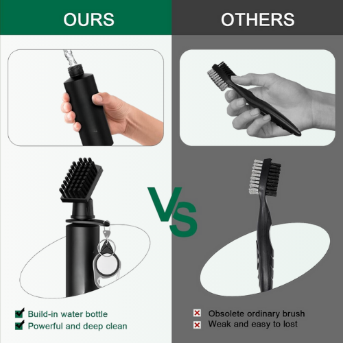 Comparison of a black cleaning brush with built-in water bottle feature labeled 'Ours' versus an obsolete ordinary brush labeled 'Others'.