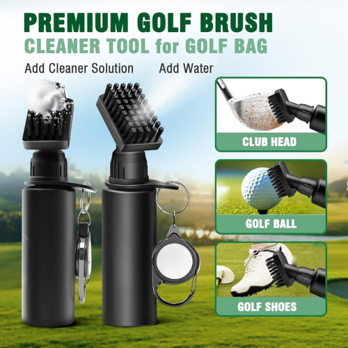 Premium golf brush cleaner tool with cleaning solutions for golf bag, club head, golf ball, and shoes on a golf course background.