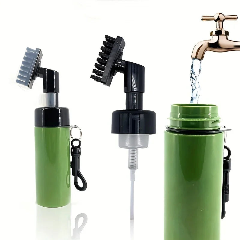 Green water bottle with multiple attachments including a brush, faucet, and pump on a white background.