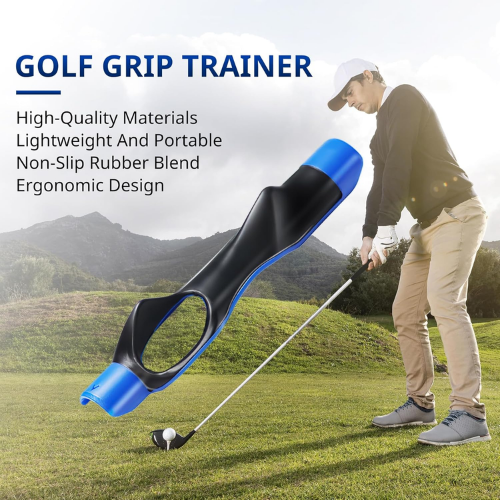 Golf grip trainer with a person practicing golf on a course