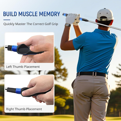 Golf instructor demonstrating correct golf grip with text on muscle memory and thumb placement.