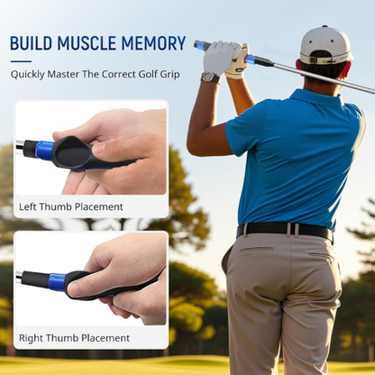 Golf instructor demonstrating correct golf grip with text on muscle memory and thumb placement.