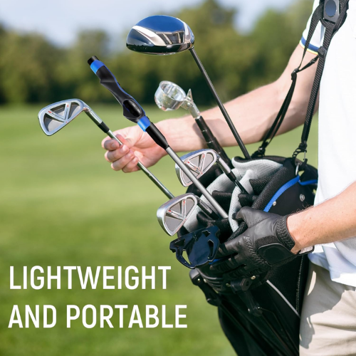 Golf clubs in a bag held by a person with text 'Lightweight and Portable' on a golf course background.