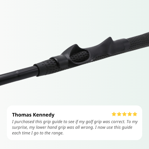 Golf grip guide with a five-star rating and customer review on a white background