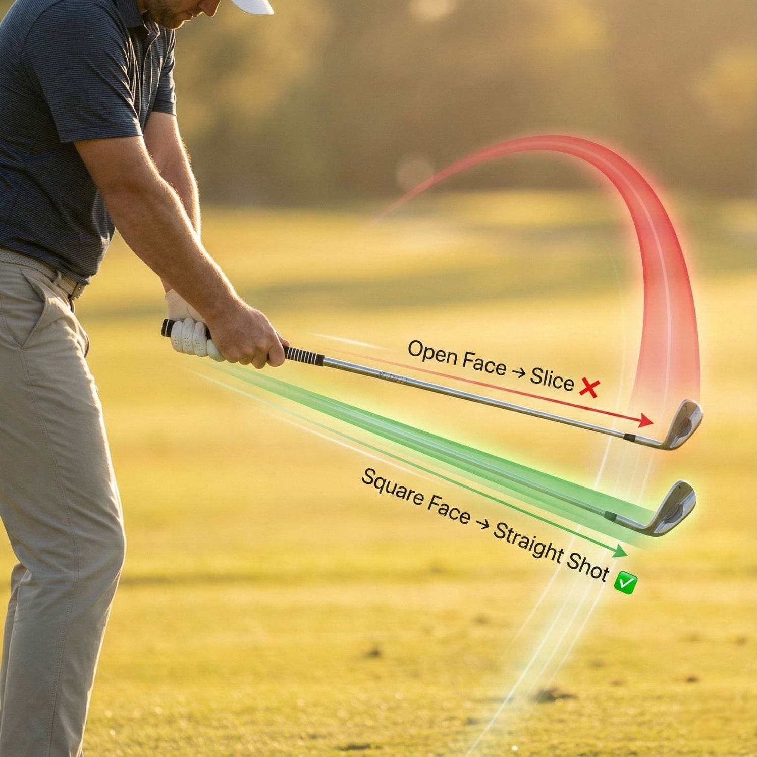 Golf player with a golf club, showing open face and square face scenarios on a blurred golf course background.