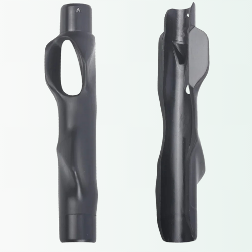 Two black plastic components on a white background