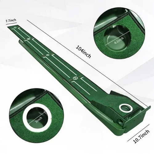 Green golf practice device with measurements on a white background