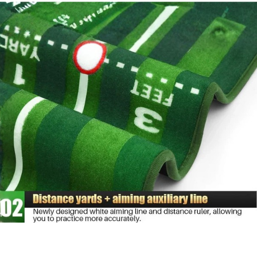 Green archery target mat with distance markings and aiming line on a white background
