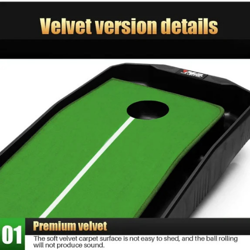 Green velvet cornhole board with black border and white line, featuring a brand logo.