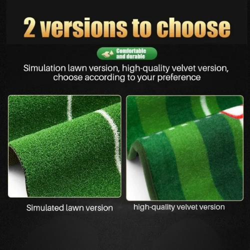 Two versions of green fabric with text on a black background