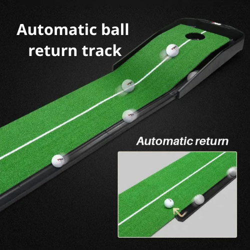 Golf practice device with automatic ball return track on a black background