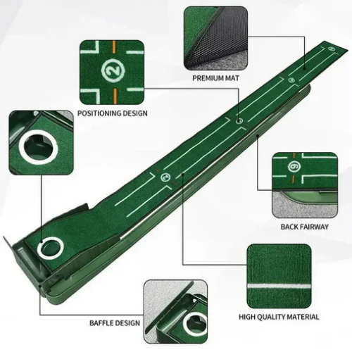 Golf practice mat with features highlighted on a white background