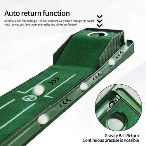 Golf practice device with auto return function on a white background