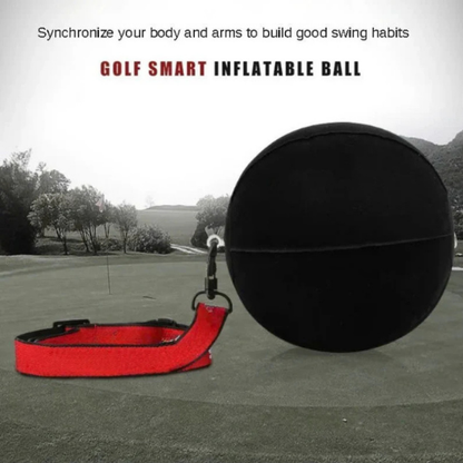 Golf smart inflatable ball with red strap on a golf course background