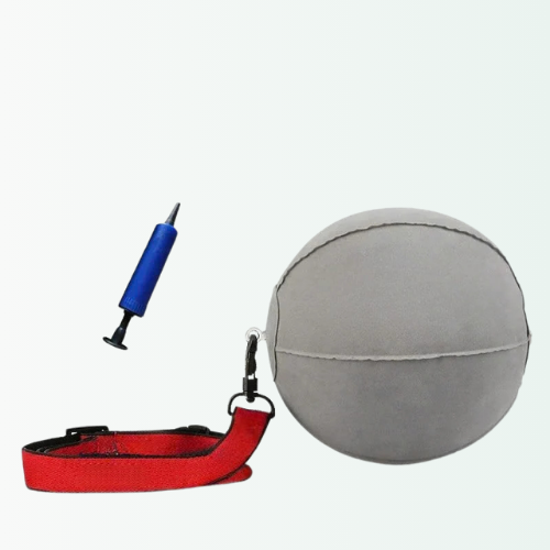 Gray ball with a red strap and blue pump on a white background