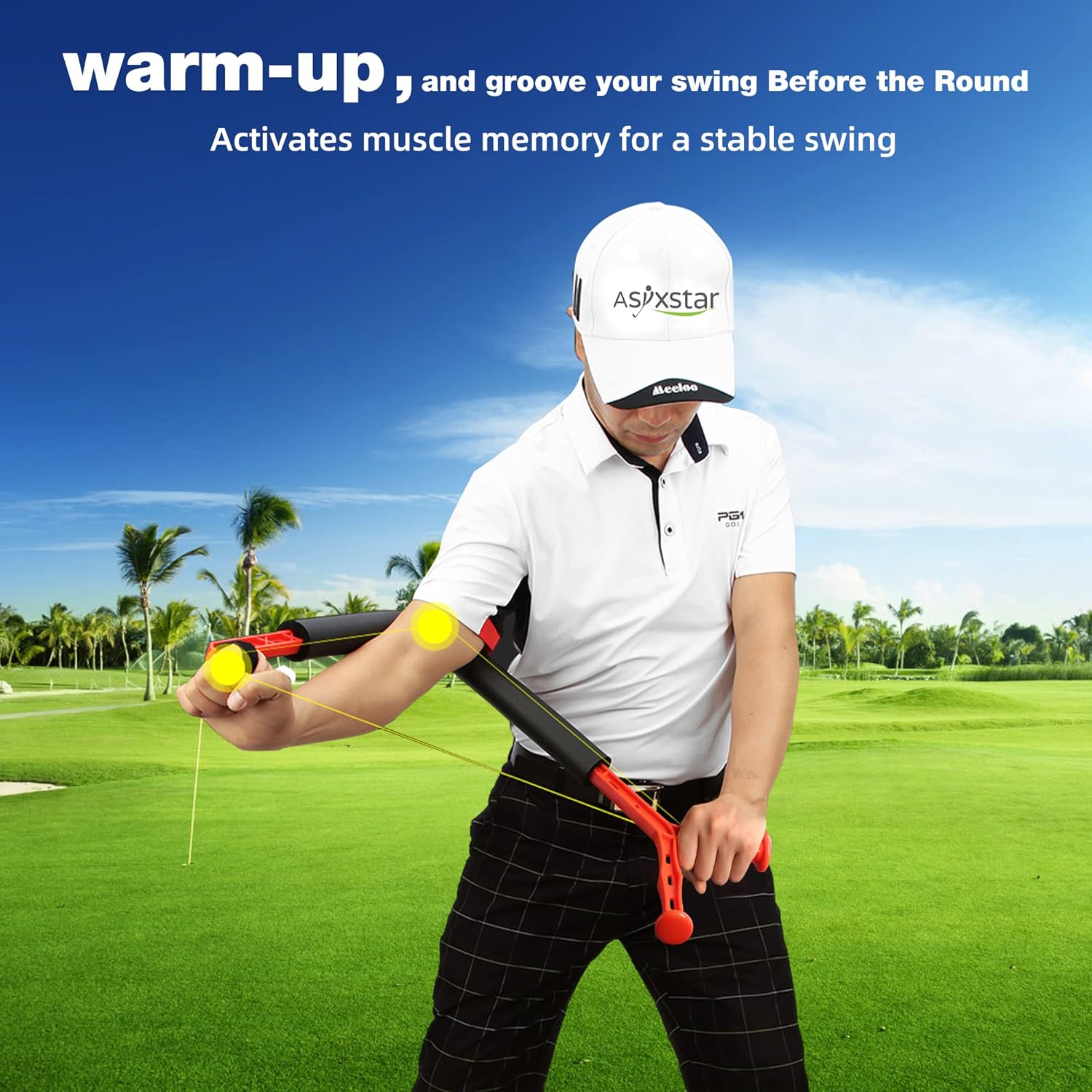 Person on a golf course with a golf training aid, wearing an Aspxstar cap.
