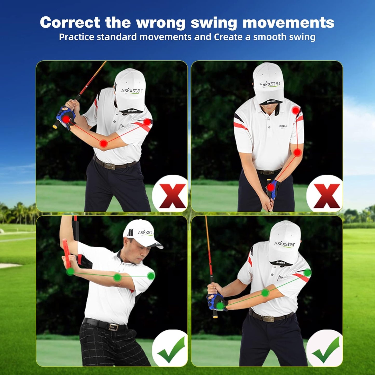 Golf swing correction guide with labeled movements on a golf course background