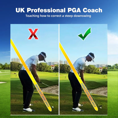 Golf swing comparison with correct and incorrect techniques on a golf course.