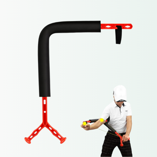 Person using a golf training aid with a white background