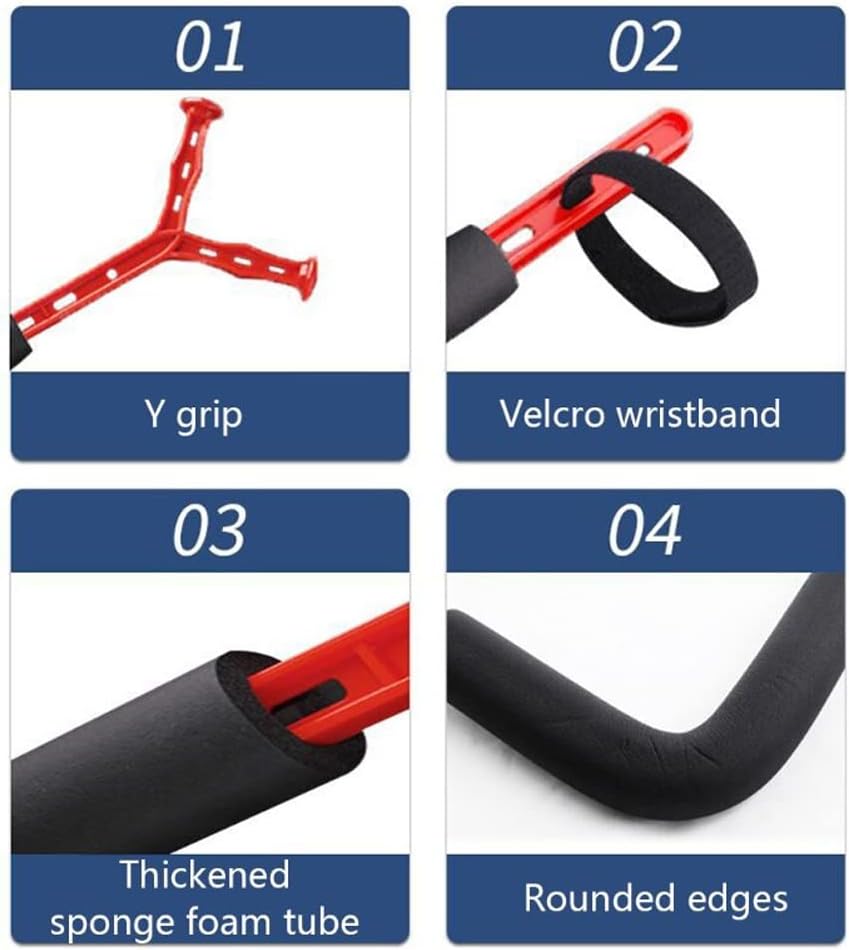 Product features with labels for Y grip, velcro wristband, thickened sponge foam tube, and rounded edges.