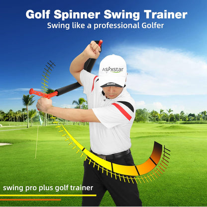 Person using a golf spinner swing trainer on a golf course with clear blue sky.