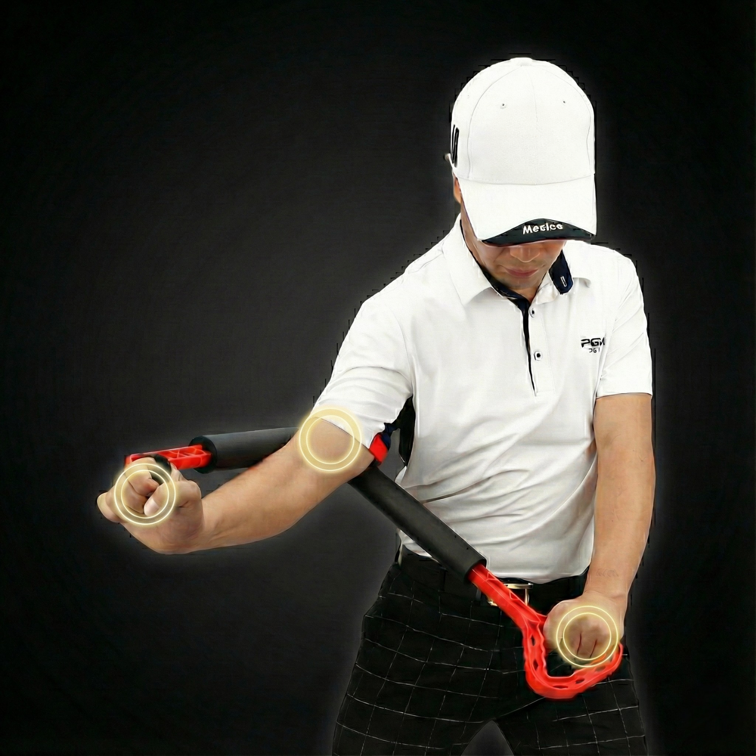 Person using a golf training aid with a dark background