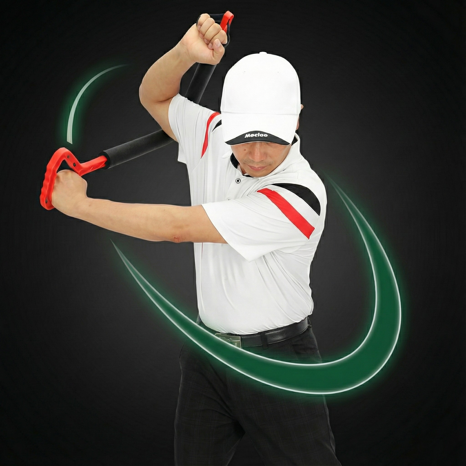 Person in golf attire with a golf club, set against a dark background
