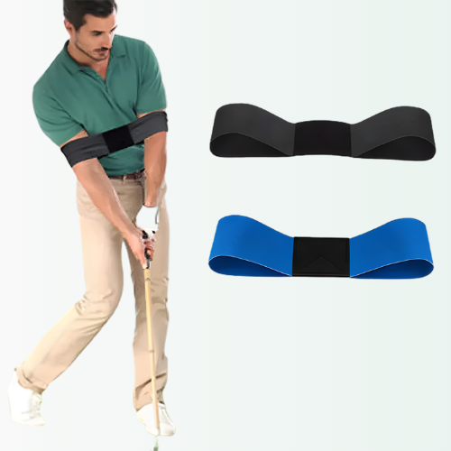 Man golfing with a black golf swing trainer and a blue one on a white background