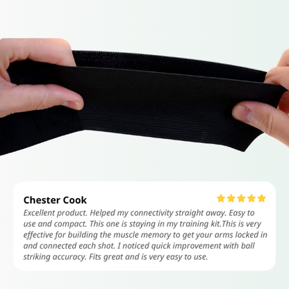 Person holding a black elastic band with a five-star rating and review on a white background