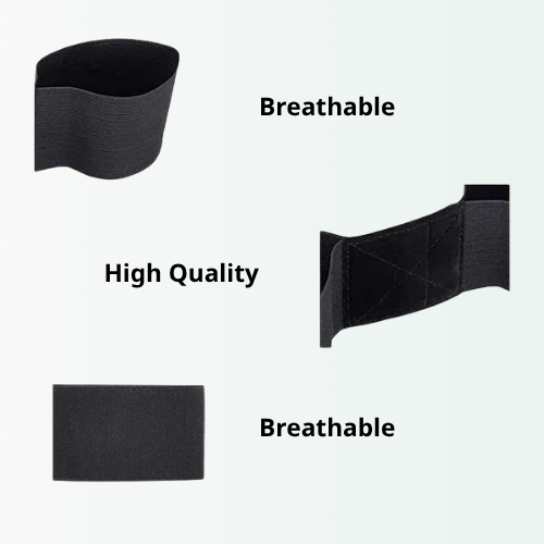 Black elastic band with text indicating 'Breathable' and 'High Quality' on a white background.