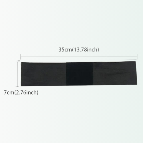 Black rectangular fabric strip with measurements on a white background
