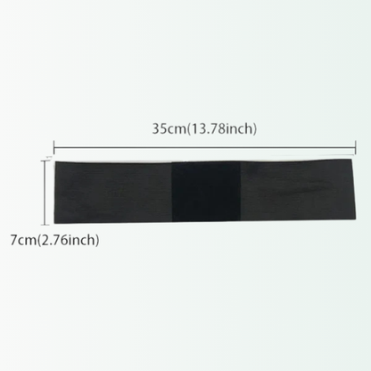 Black rectangular fabric strip with measurements on a white background
