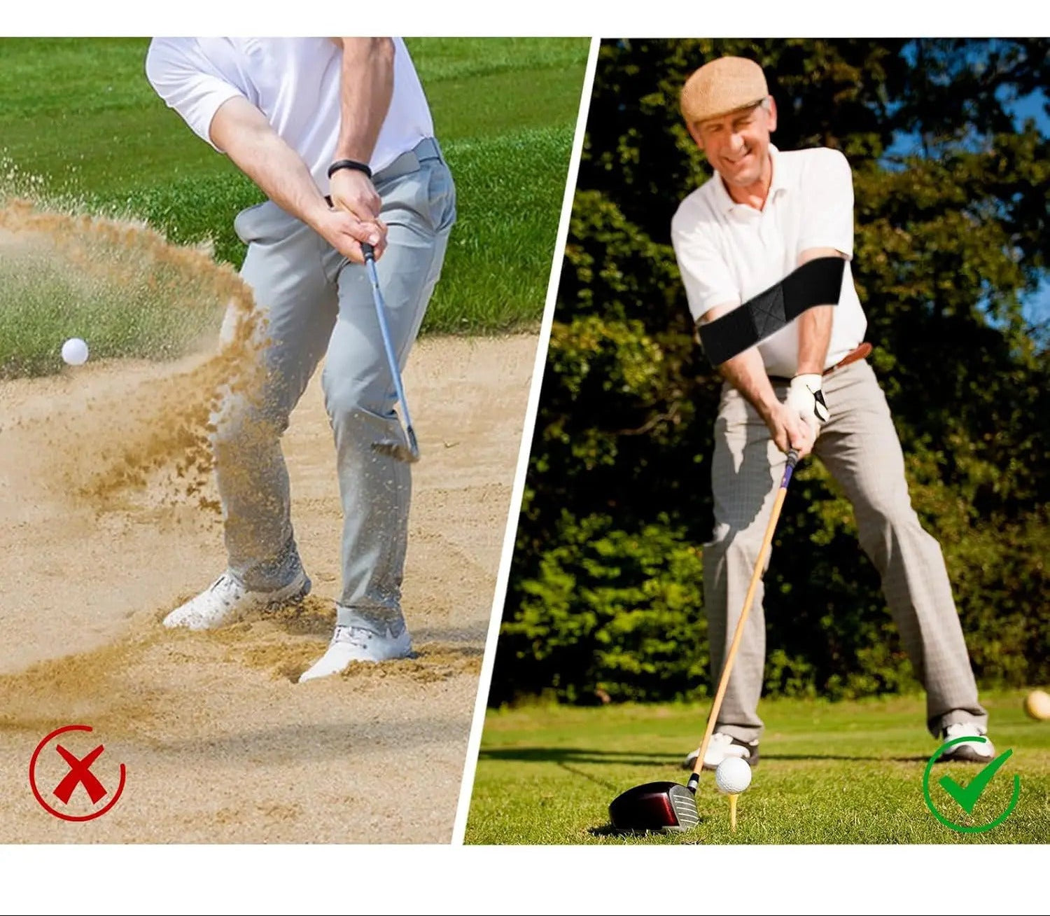 Two golfers: one hitting out of a sand trap with incorrect form, the other on a green with correct form.